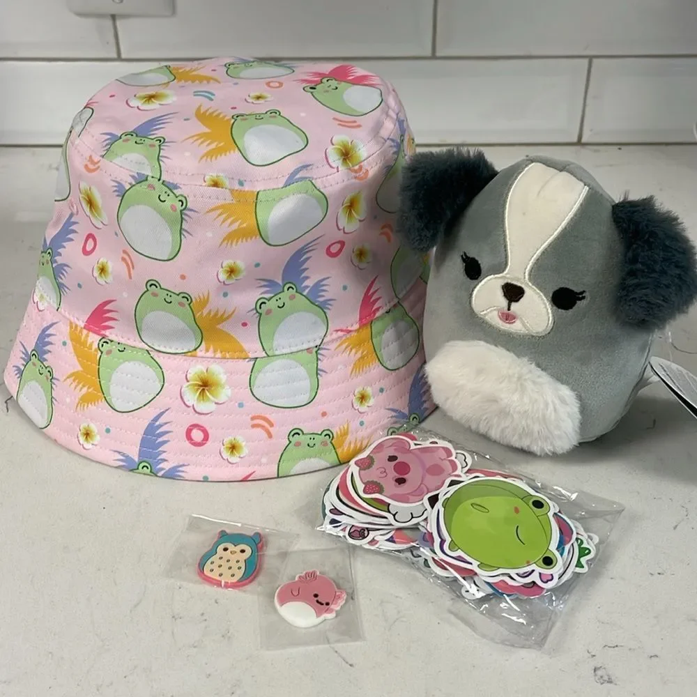 Squishmallows Wendy Frog Bucket Hat & Malu Dog - Shih Tzu & Stickers
